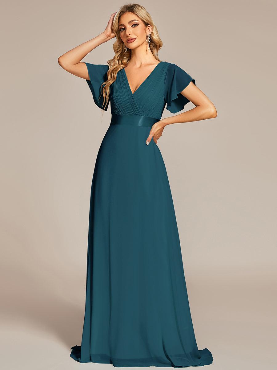 Robe de soirée fluide élégante en mousseline à taille haute #Couleur_Bleu Sarcelle