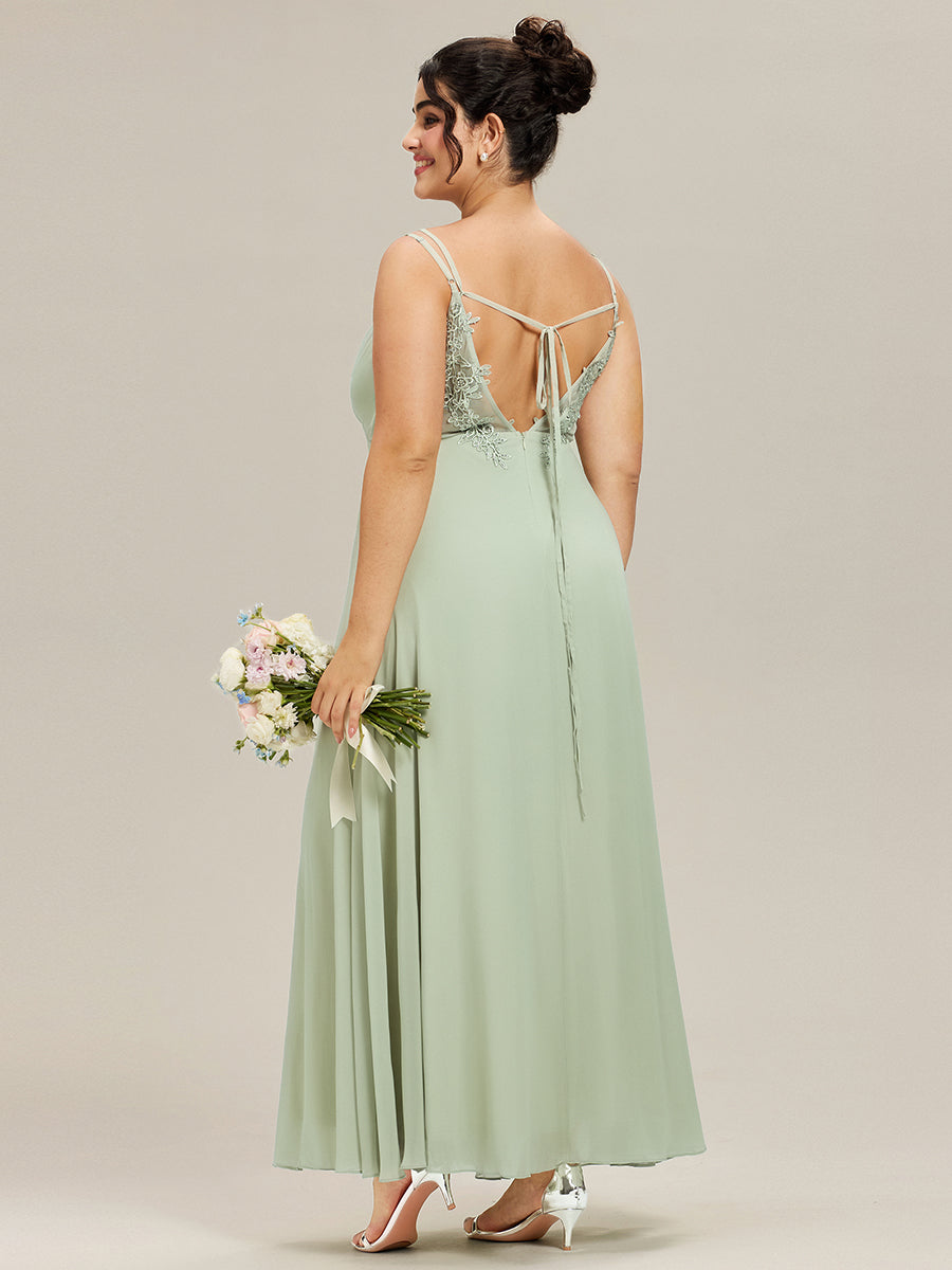 Robe demoiselle d'honneur mousseline et dentelle dos nu bretelles fines #Couleur_Menthe Verte