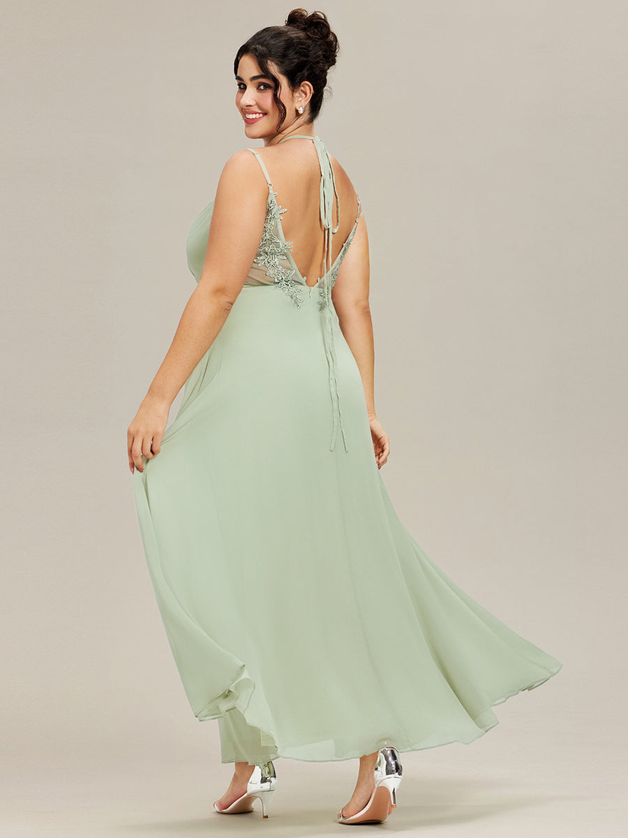 Robe demoiselle d'honneur mousseline et dentelle dos nu bretelles fines #Couleur_Menthe Verte