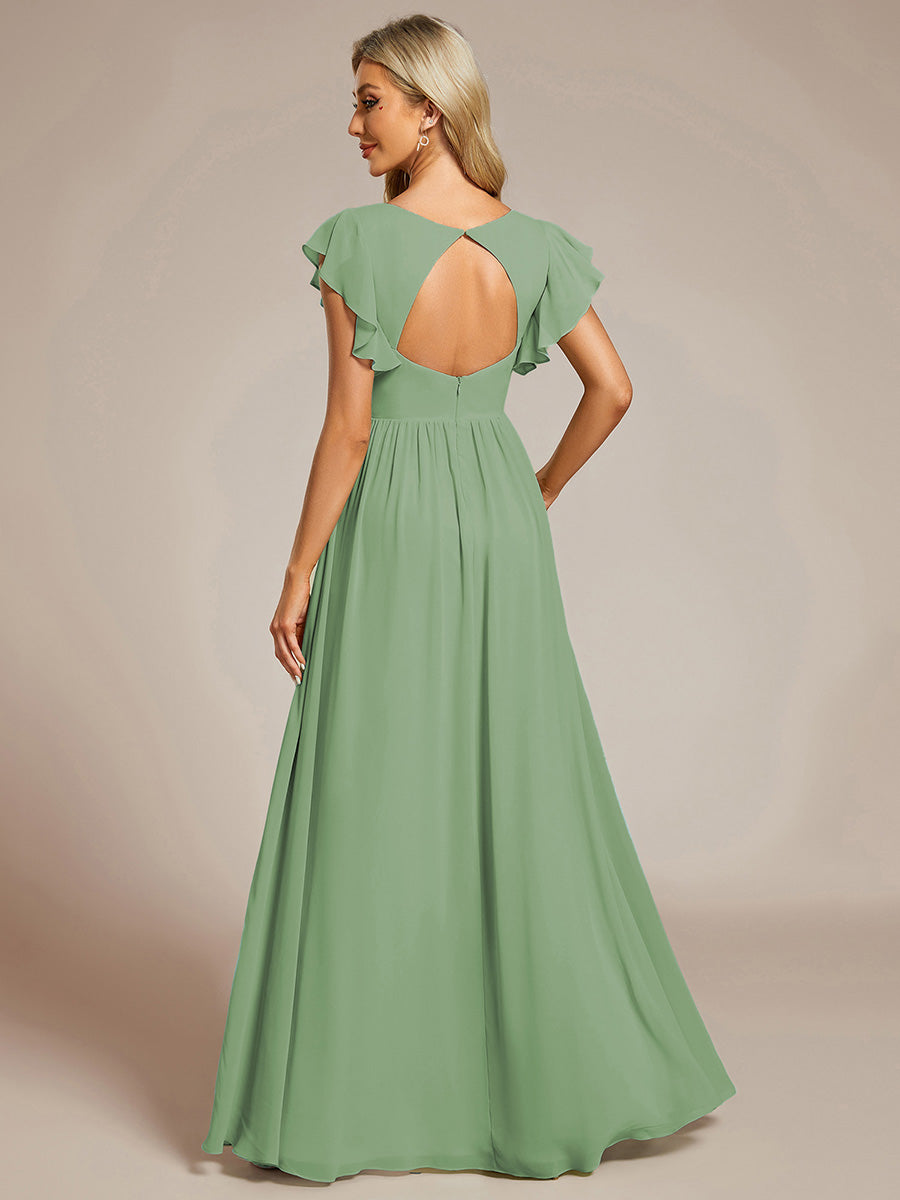 Robe demoiselle d'honneur en mousseline manches plissées avec découpe au dos #Couleur_Vert sauge