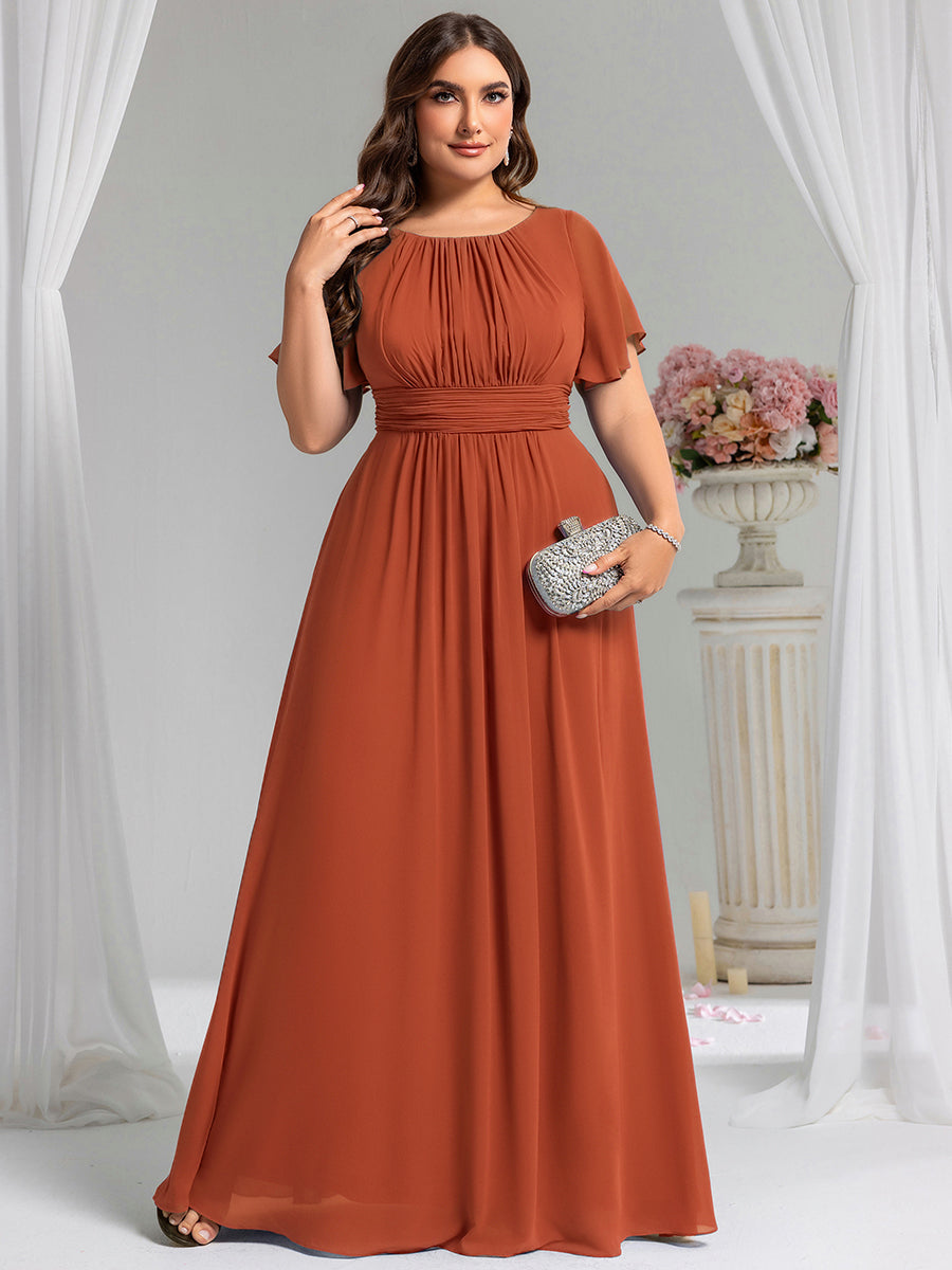 Robe de demoiselle d'honneur trapèze plissée en mousseline de soie simple, encolure ronde #Couleur_Burnt Orange
