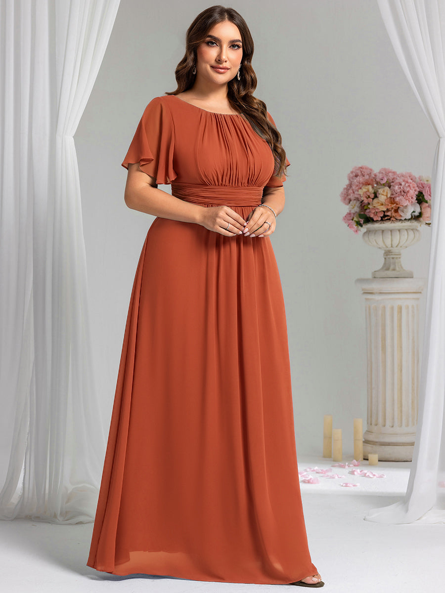 Robe de demoiselle d'honneur trapèze plissée en mousseline de soie simple, encolure ronde #Couleur_Burnt Orange