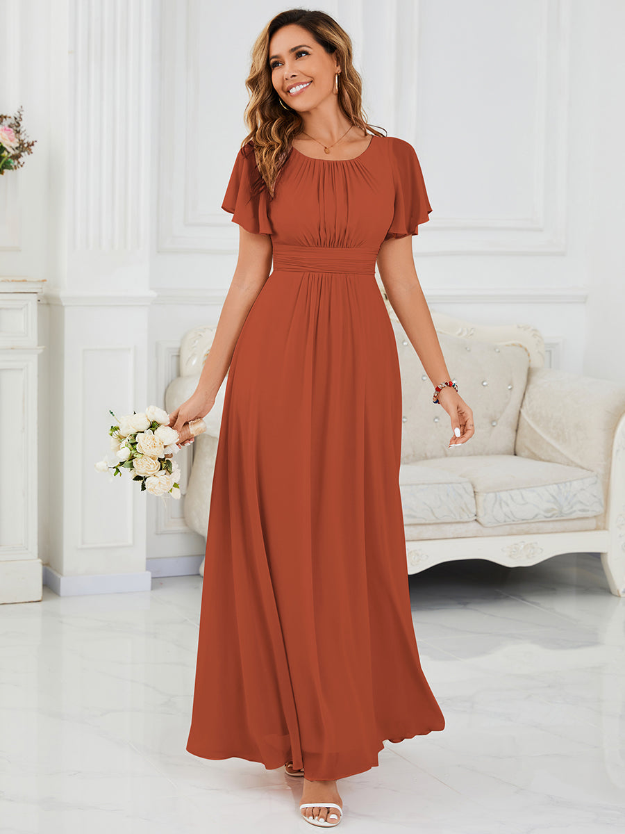 Robe de demoiselle d'honneur trapèze plissée en mousseline de soie simple, encolure ronde #Couleur_Burnt Orange