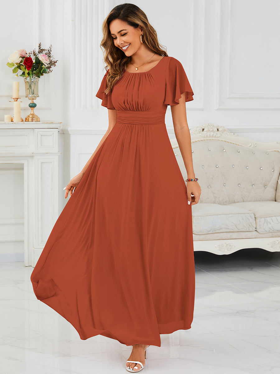 Robe de demoiselle d'honneur trapèze plissée en mousseline de soie simple, encolure ronde #Couleur_Burnt Orange