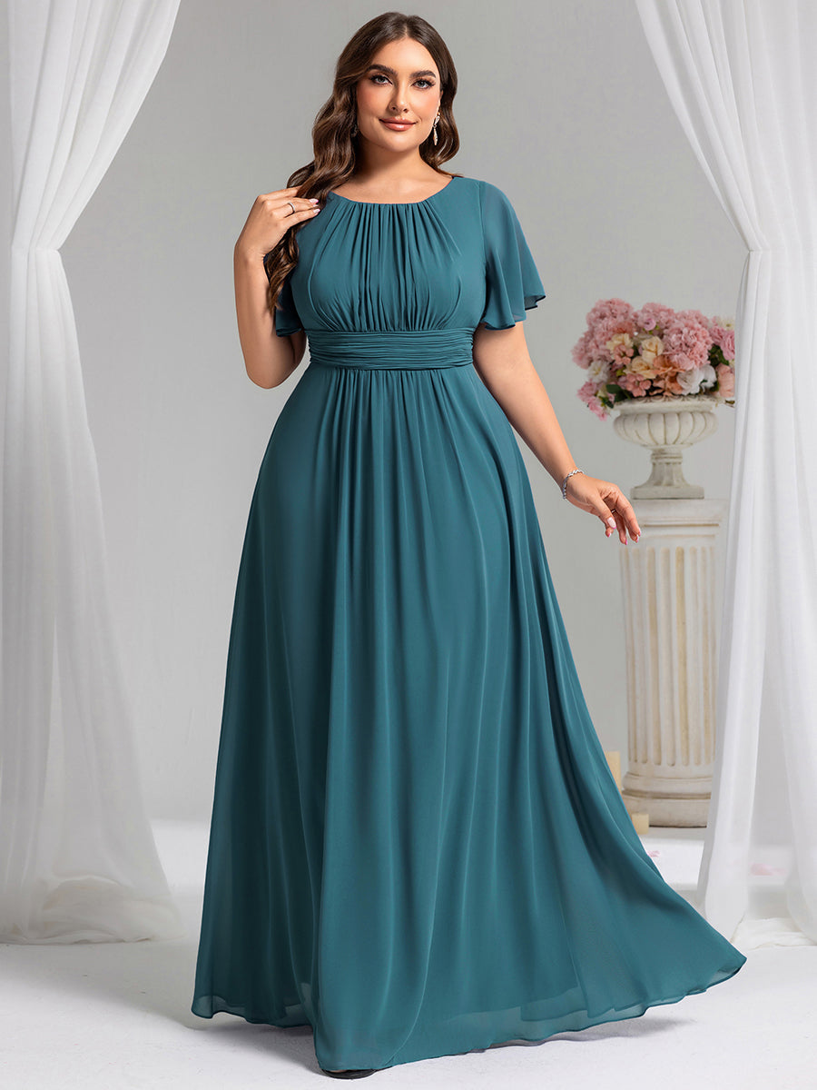 Robe de demoiselle d'honneur trapèze plissée en mousseline de soie simple, encolure ronde #Couleur_Teal