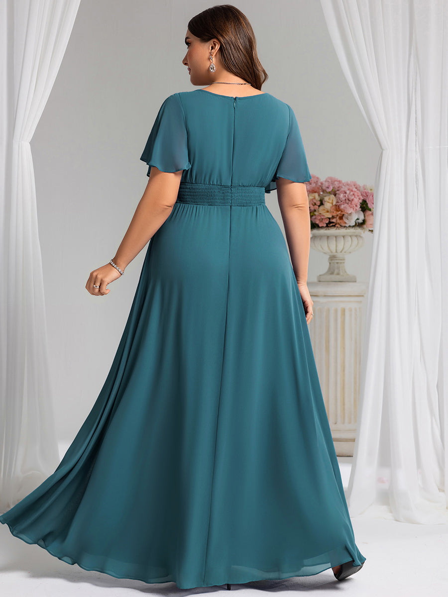Robe de demoiselle d'honneur trapèze plissée en mousseline de soie simple, encolure ronde #Couleur_Teal