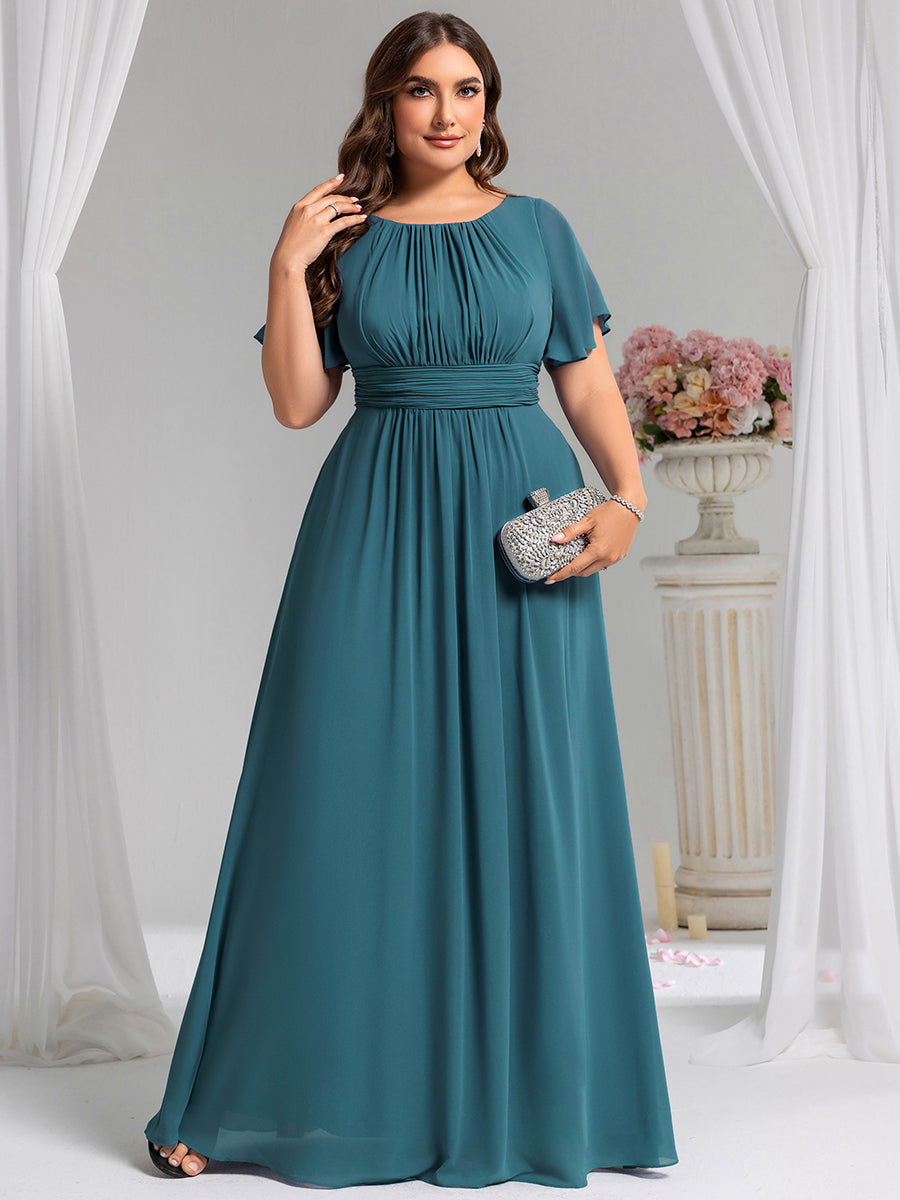 Robe de demoiselle d'honneur trapèze plissée en mousseline de soie simple, encolure ronde #Couleur_Teal