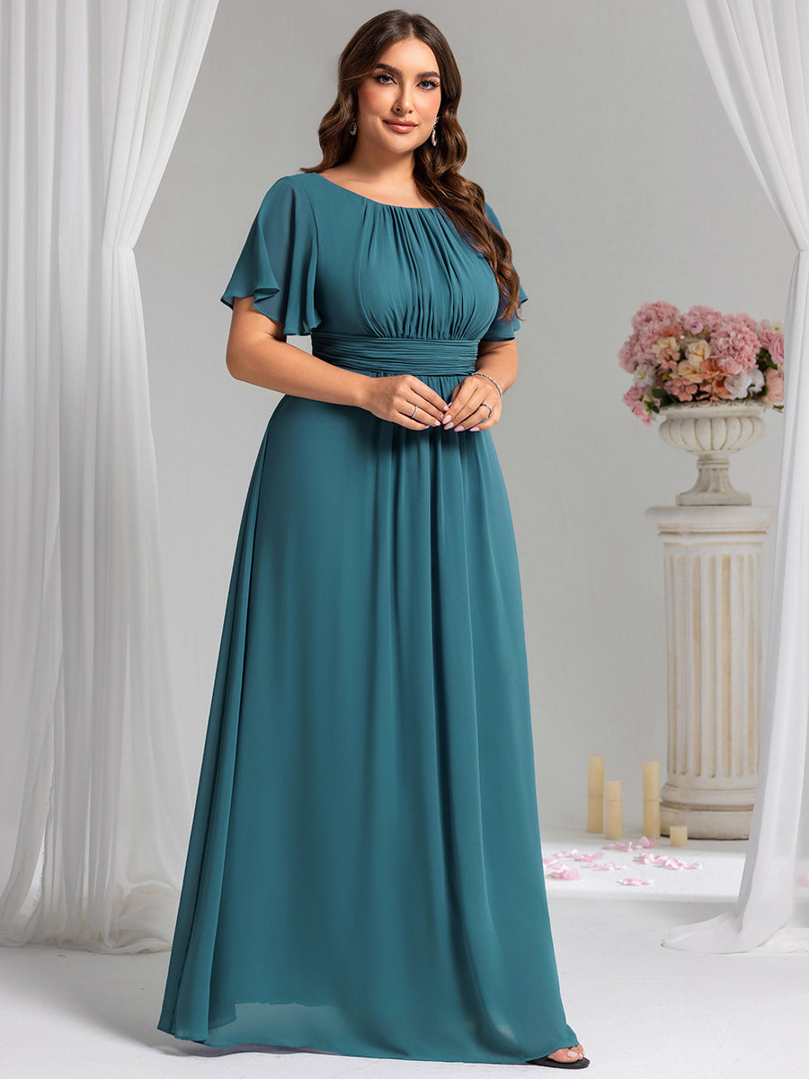 Robe de demoiselle d'honneur trapèze plissée en mousseline de soie simple, encolure ronde #Couleur_Teal