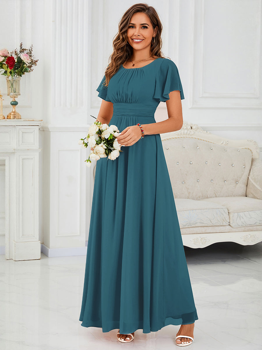Robe de demoiselle d'honneur trapèze plissée en mousseline de soie simple, encolure ronde #Couleur_Teal