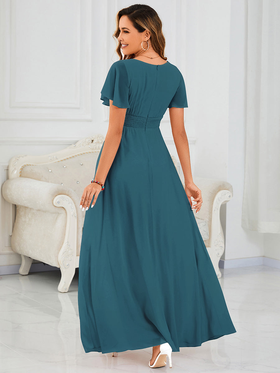 Robe de demoiselle d'honneur trapèze plissée en mousseline de soie simple, encolure ronde #Couleur_Teal