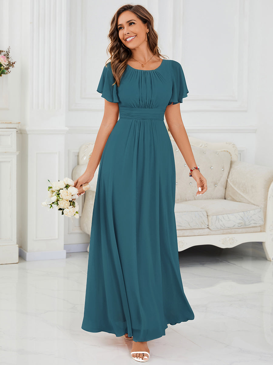 Robe de demoiselle d'honneur trapèze plissée en mousseline de soie simple, encolure ronde #Couleur_Teal