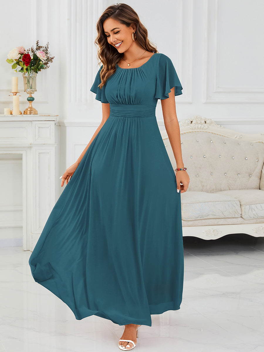 Robe de demoiselle d'honneur trapèze plissée en mousseline de soie simple, encolure ronde #Couleur_Teal