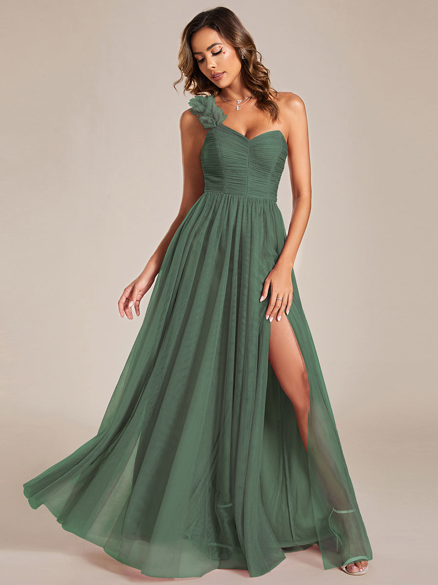Robe demoiselle d'honneur à une épaule appliquée en tulle avec une fente haute #Couleur_Eucalyptus