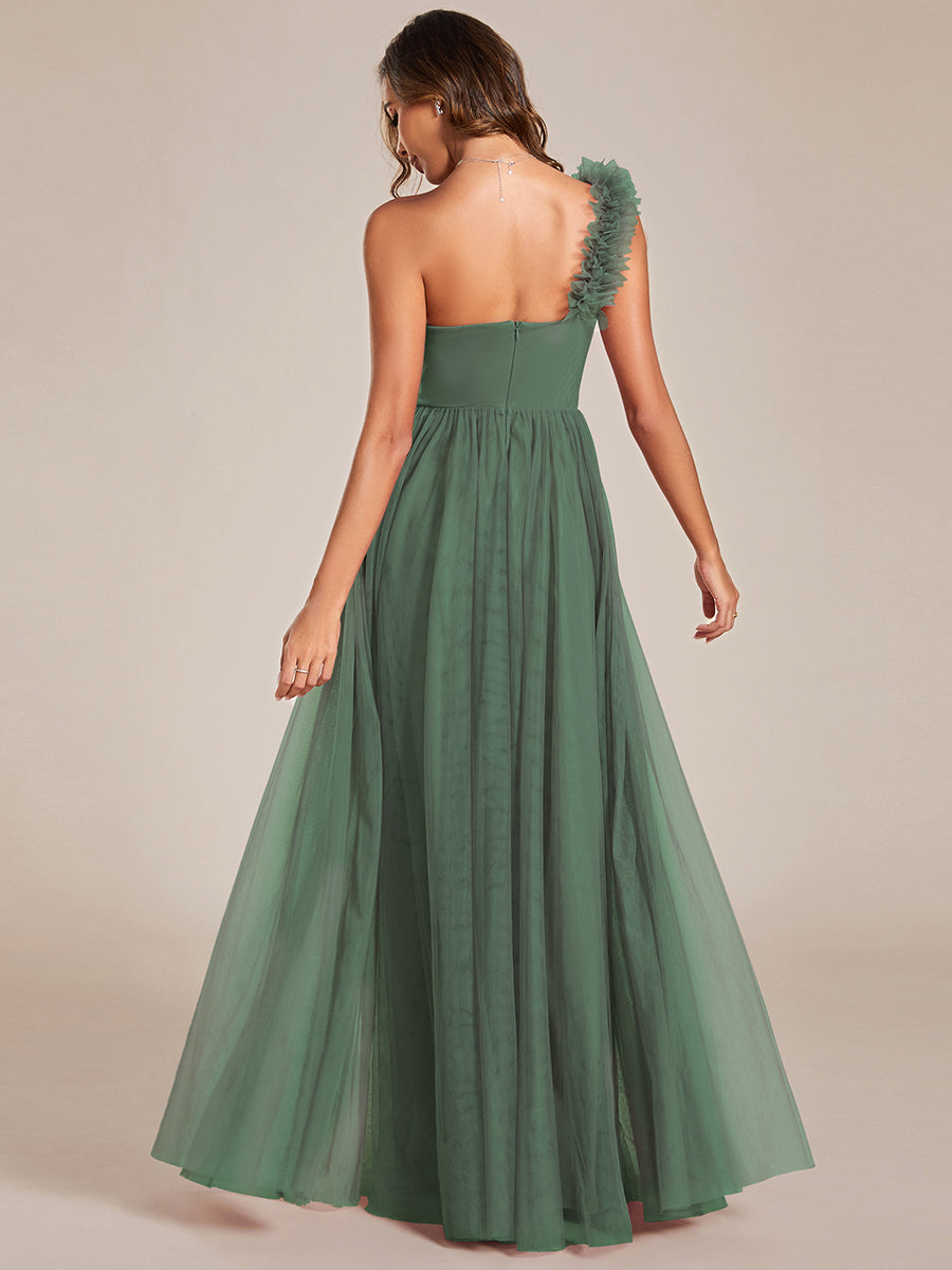 Robe demoiselle d'honneur à une épaule appliquée en tulle avec une fente haute #Couleur_Eucalyptus