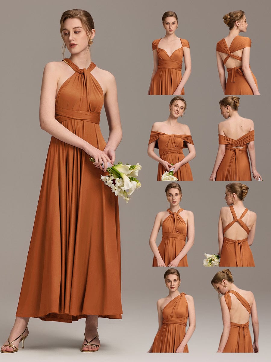 Robe d'invité de mariage trapèze en mousseline fluide à encolure ronde et longueur au genou #Couleur_Burnt Orange