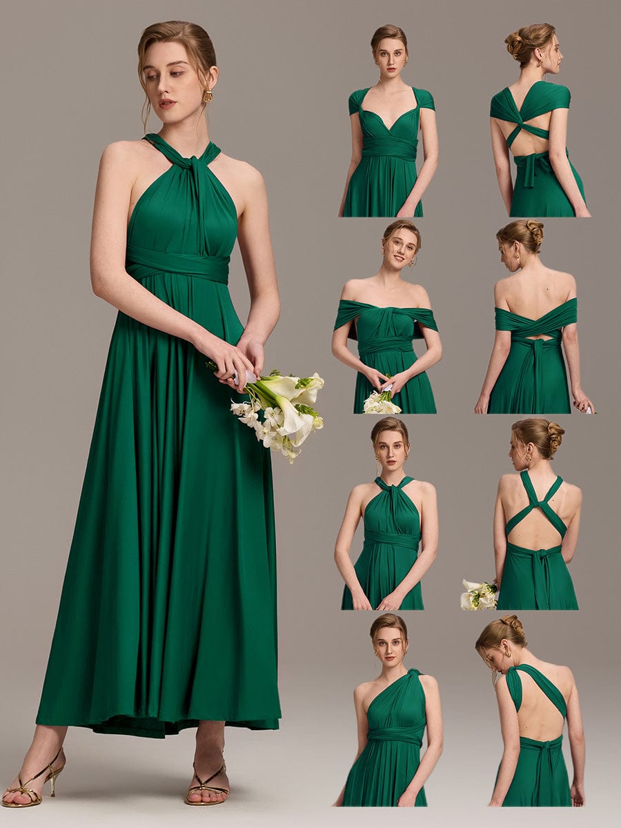 Robe d'invité de mariage trapèze en mousseline fluide à encolure ronde et longueur au genou #Couleur_Vert Fonce