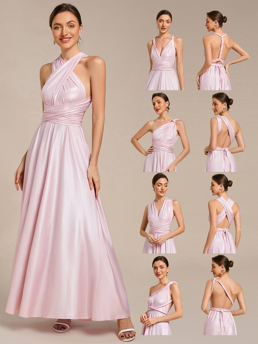 Glitzerndes A-Linien-Abendkleid mit Empire-Taille und langen Laternen?rmeln #Couleur_Rose métallisé