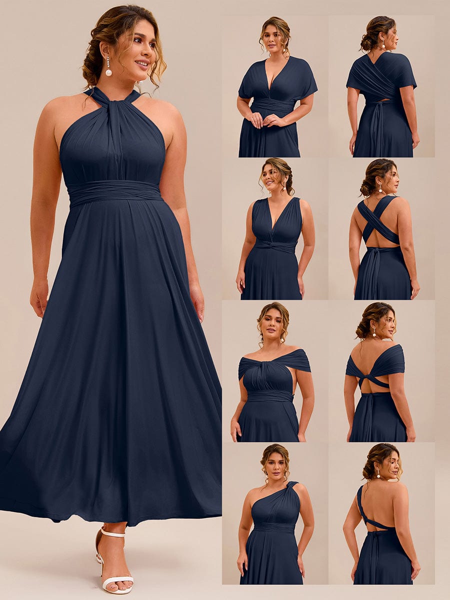 Robe d'invité de mariage trapèze en mousseline fluide à encolure ronde et longueur au genou #Couleur_Bleu Marine