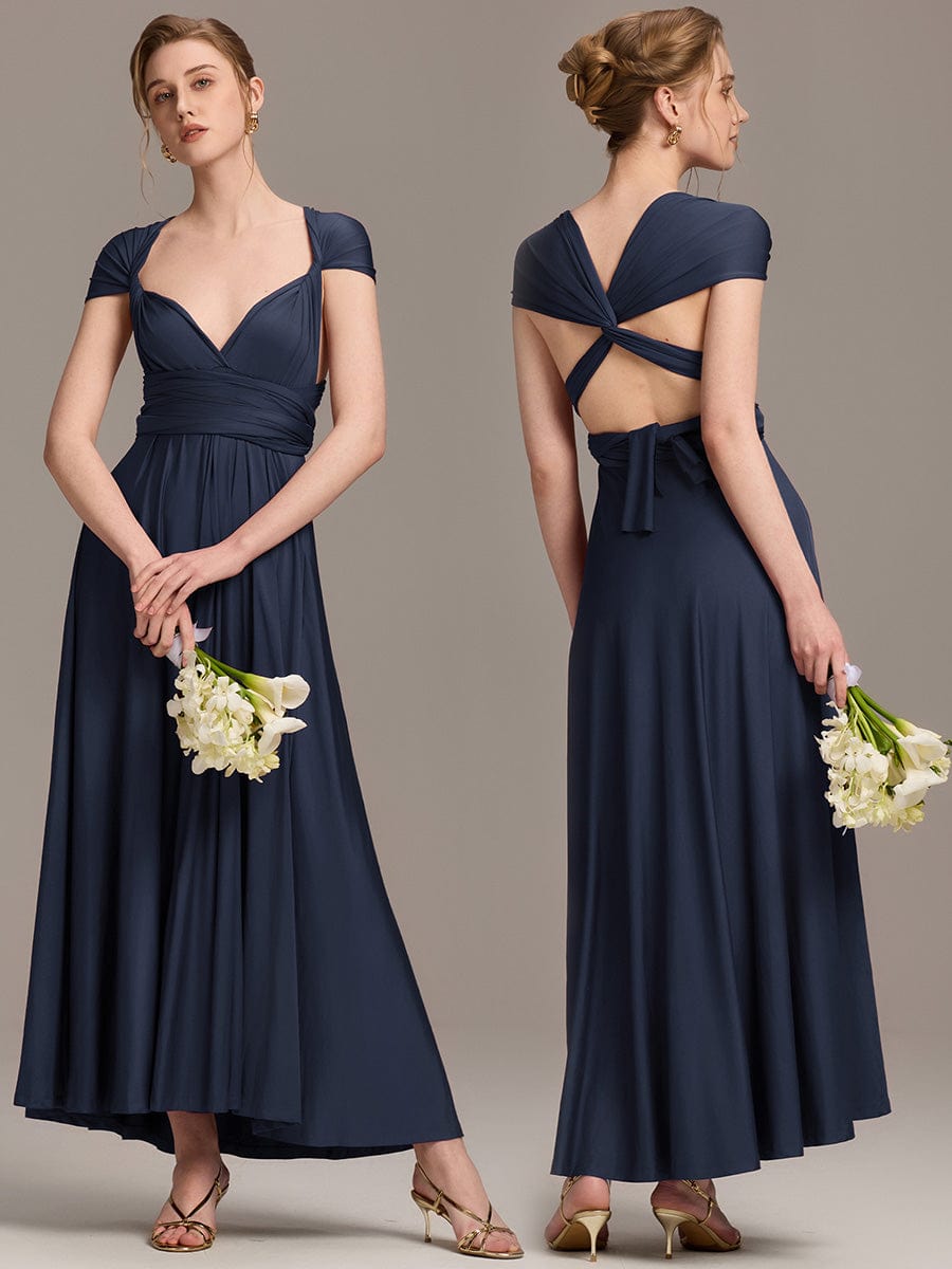 Robe d'invité de mariage trapèze en mousseline fluide à encolure ronde et longueur au genou #Couleur_Bleu Marine