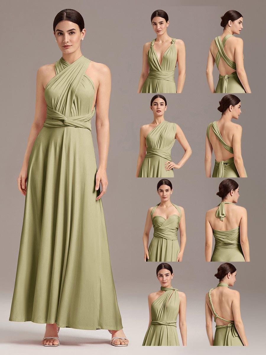 Robe d'invité de mariage trapèze en mousseline fluide à encolure ronde et longueur au genou #Couleur_Vert sauge