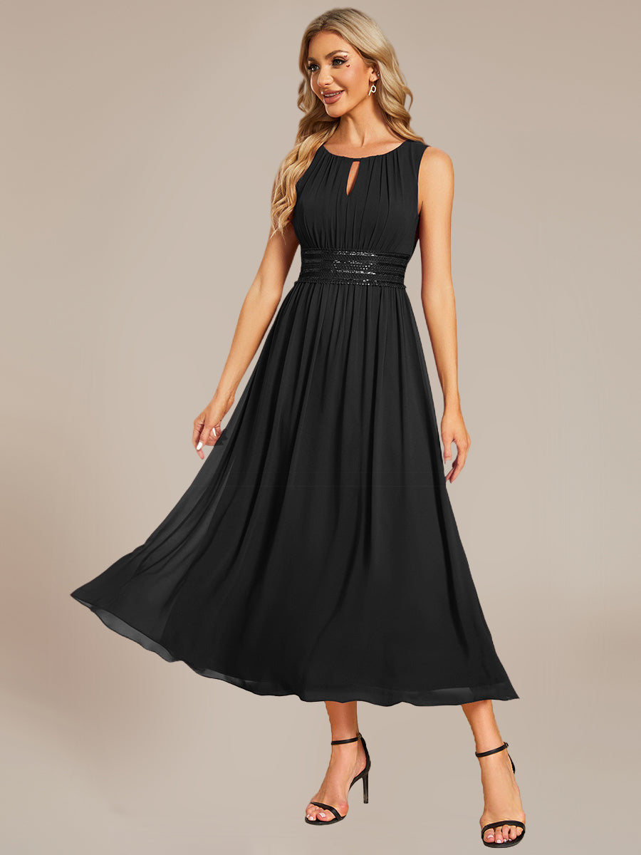 Robe de demoiselle d'honneur mi-longue en mousseline avec taille froncée #Couleur_Noir