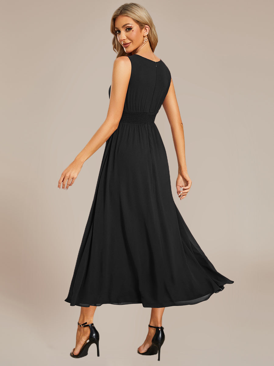 Robe de demoiselle d'honneur mi-longue en mousseline avec taille froncée #Couleur_Noir