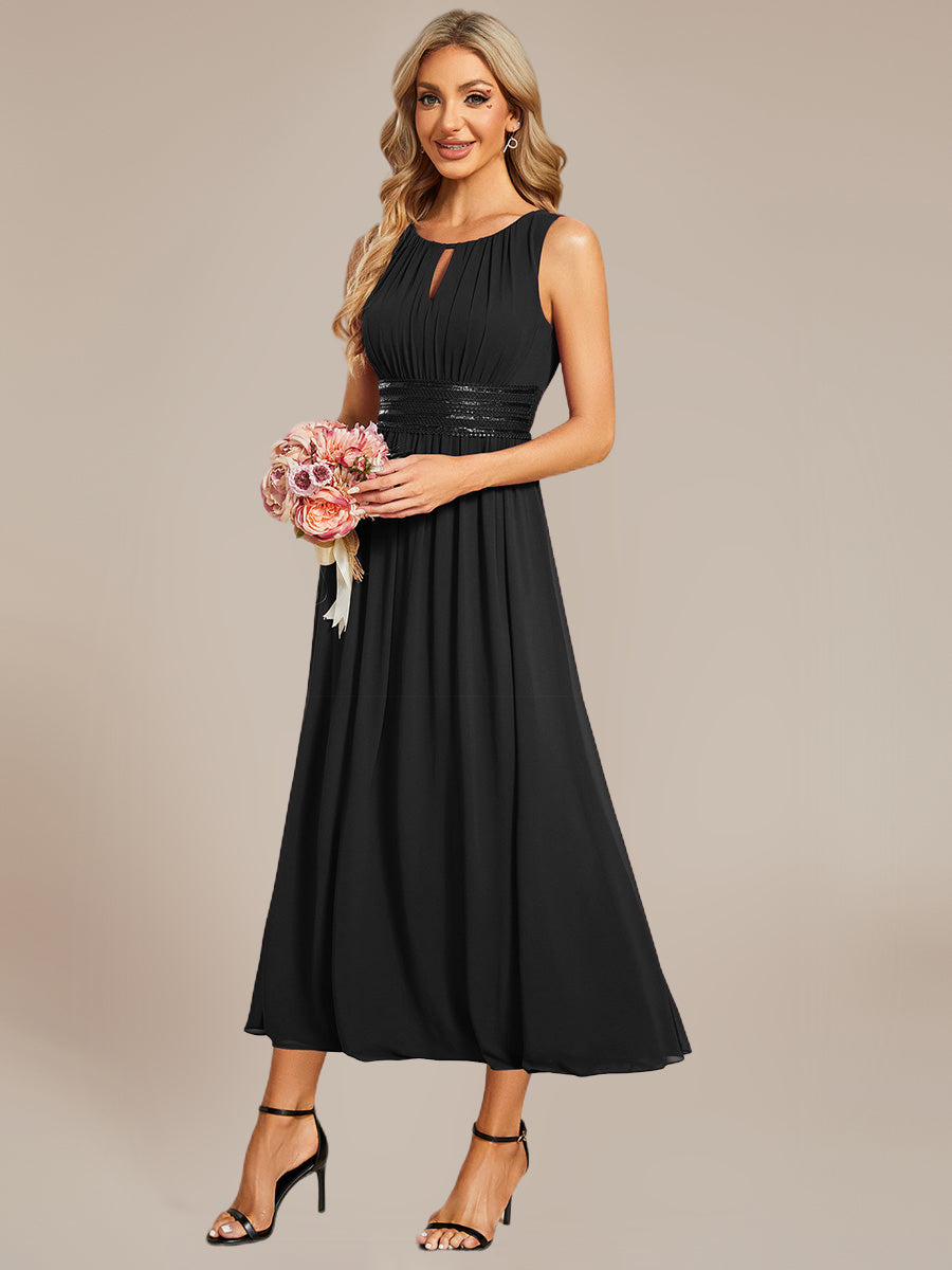 Robe de demoiselle d'honneur mi-longue en mousseline avec taille froncée #Couleur_Noir