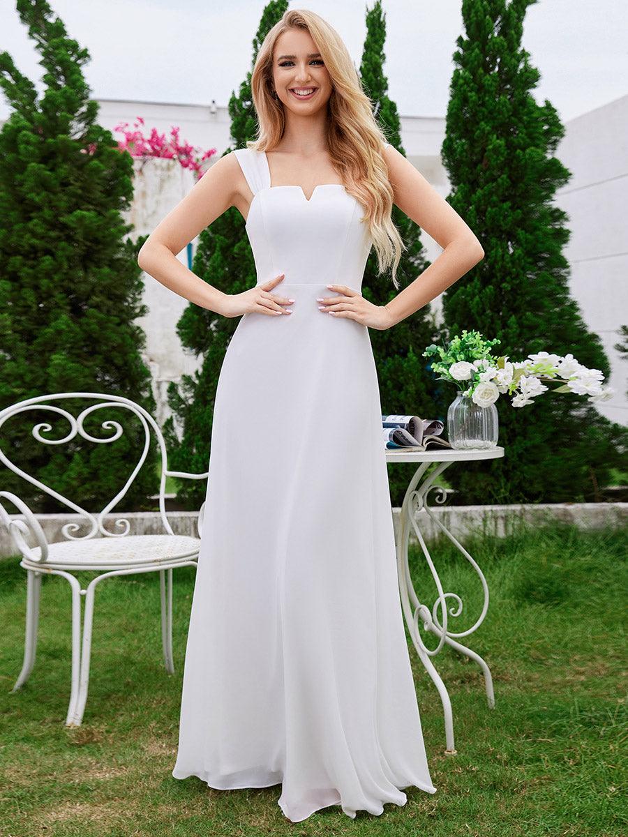 Robe de demoiselle d'honneur sans manches en mousseline de soie taille haute col carré #Couleur_Blanc