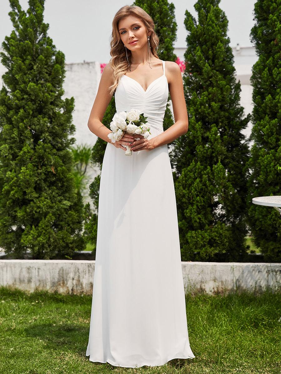 Robe de demoiselle d'honneur plissée chic à bretelles réglables et col en V #Couleur_Blanc