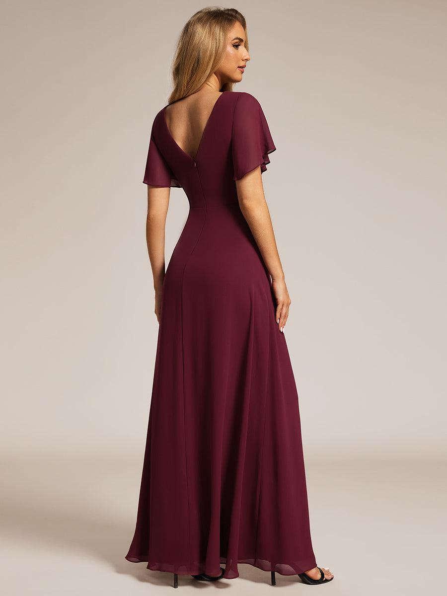 Robe de demoiselle d'honneur taille haute en mousseline de soie col en V fente haute manches à volants #Couleur_Bordeaux