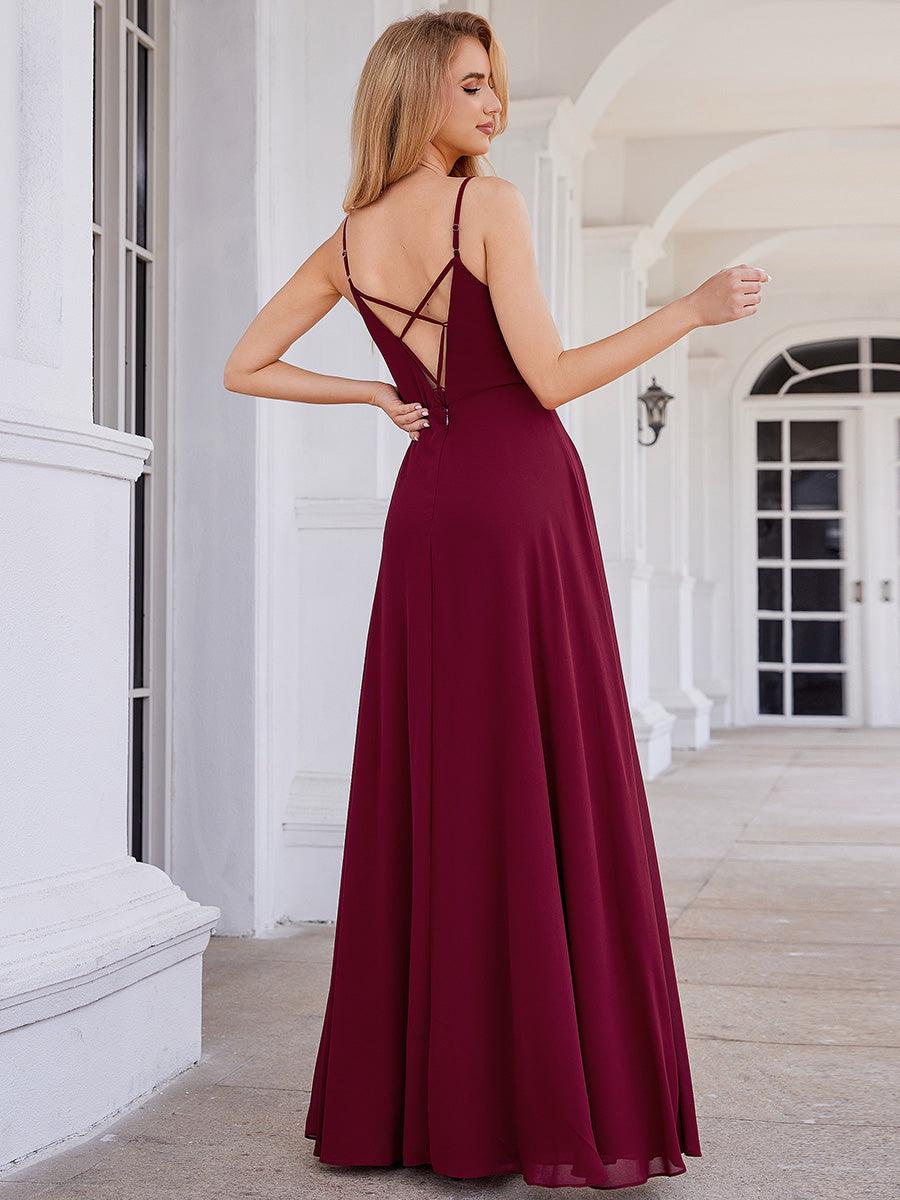 Robe de demoiselle d'honneur chic plissée à col en V et sans manches à la taille appliquée #Couleur_Bordeaux