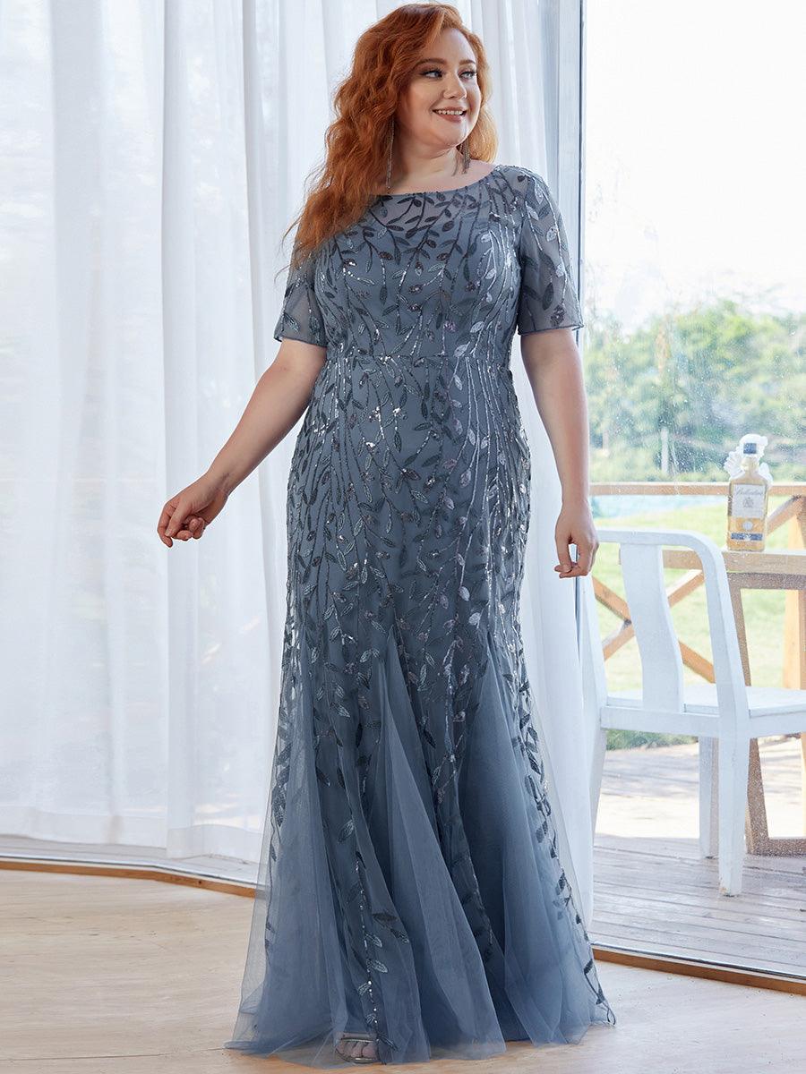 Robe Sirène Grande Taille en Tulle à Imprimé Floral et Paillettes #Couleur_Marine Fume