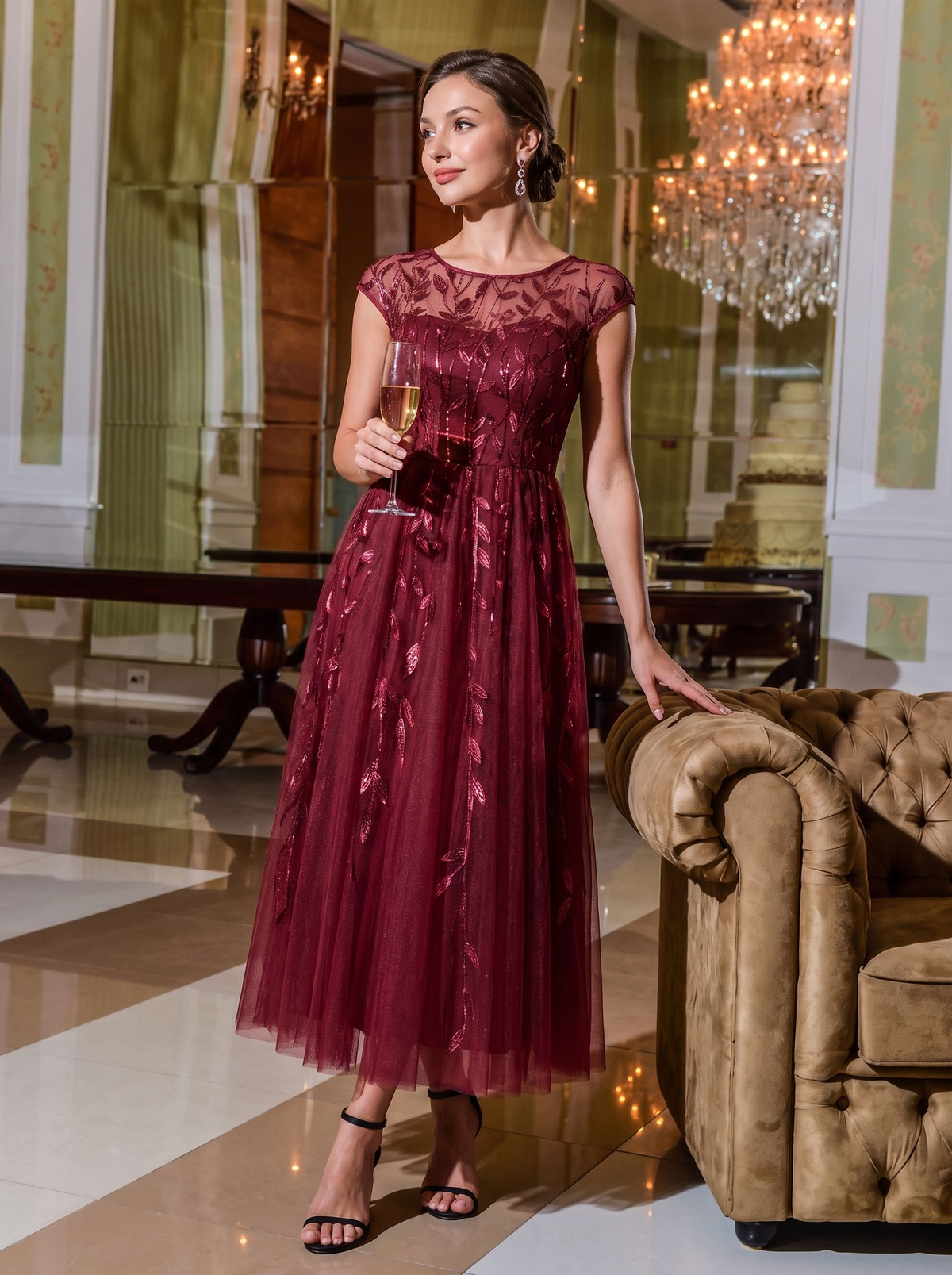 Robe midi évasée à manches courtes en patchwork transparent #Couleur_Bordeaux