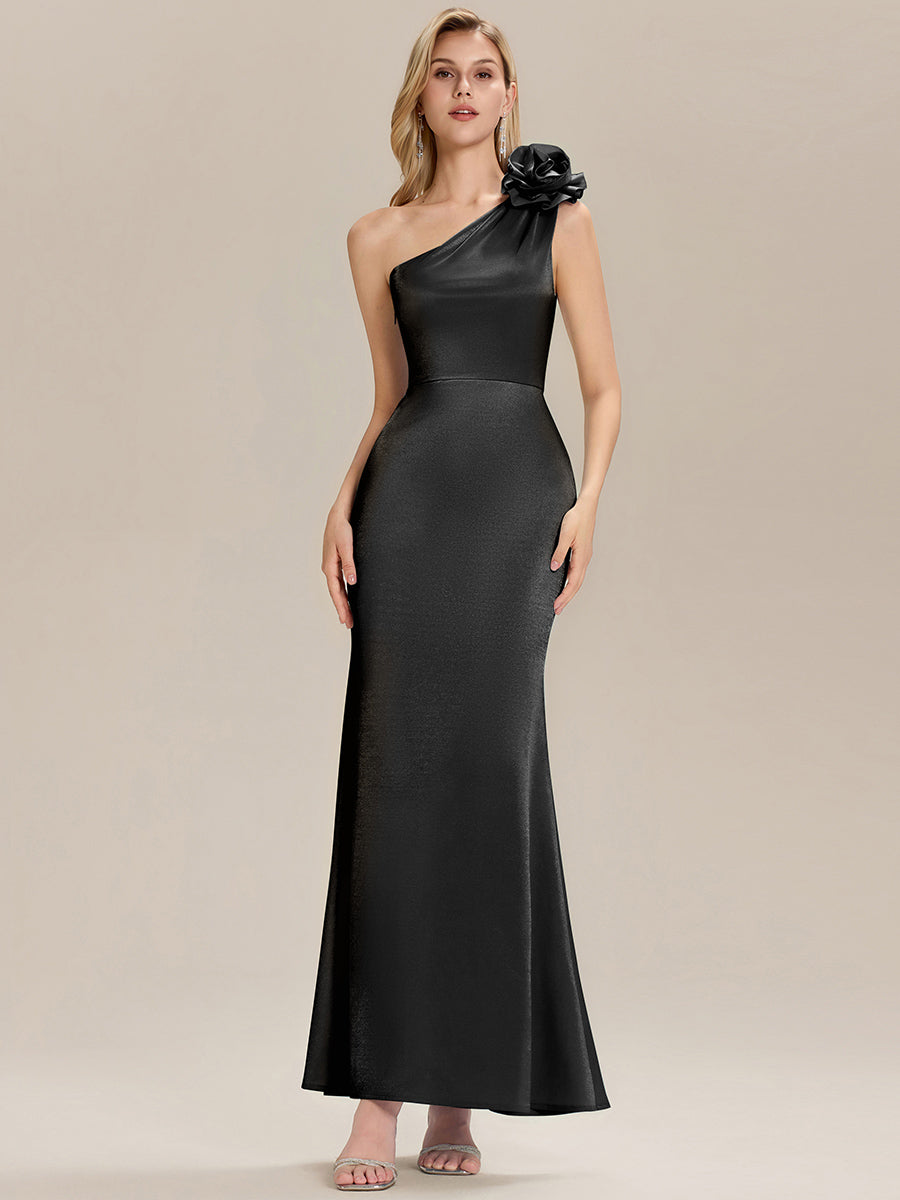 Robe de soirée chic à fleurs une épaule sans manches #Couleur_Noir