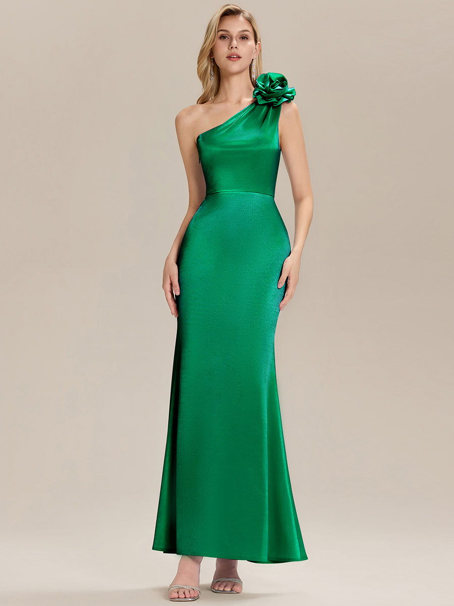 Robe de soirée chic à fleurs une épaule sans manches #Couleur_Vert Fonce