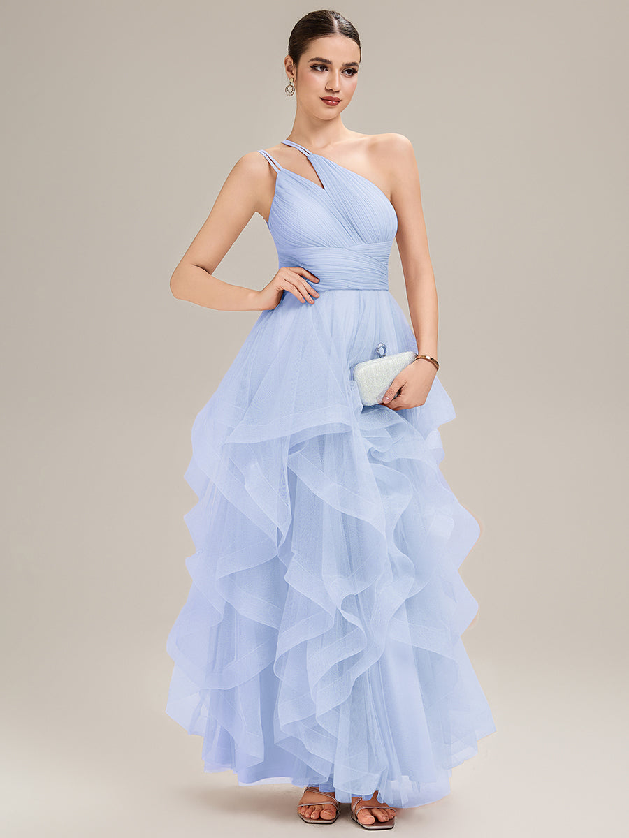 Robe de bal sans manches asymétrique plissée dos nu longueur sol avec bretelles spaghetti réglables #Couleur_Bleu Glace