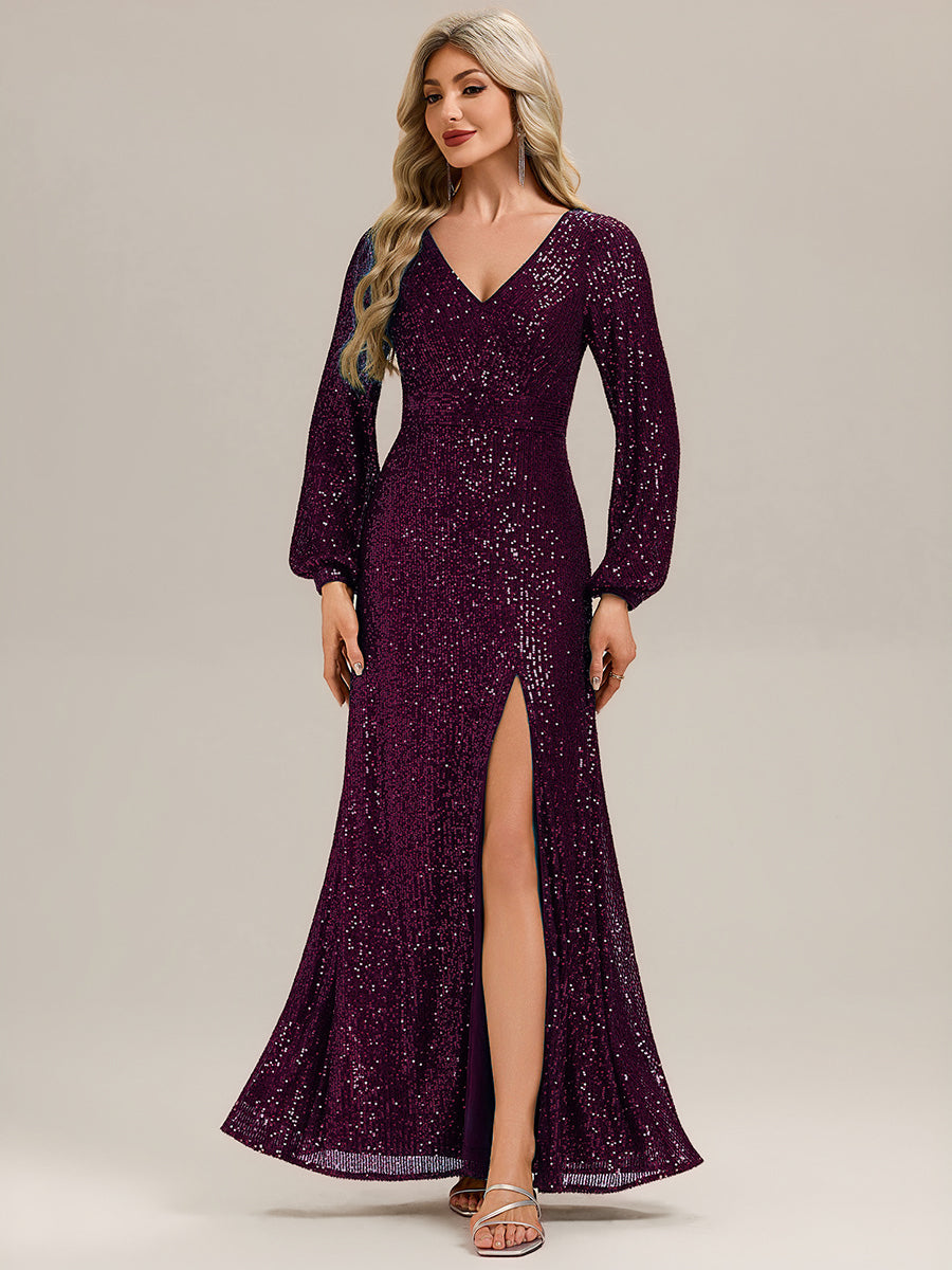 Robe de soirée chic à manches lanternes longues décolleté en V profond en sequins style sirène longueur sol #Couleur_Violet Fonce