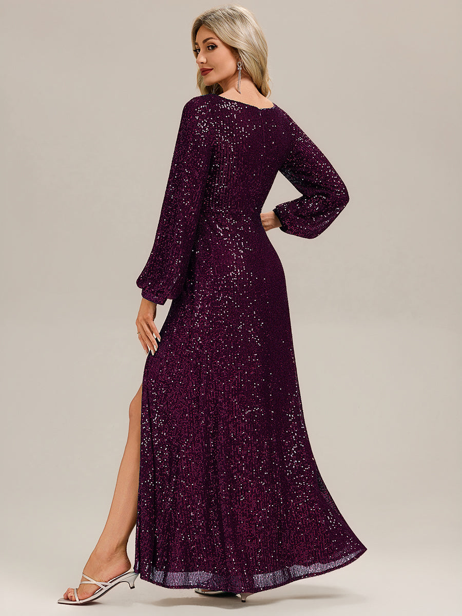 Robe de soirée chic à manches lanternes longues décolleté en V profond en sequins style sirène longueur sol #Couleur_Violet Fonce