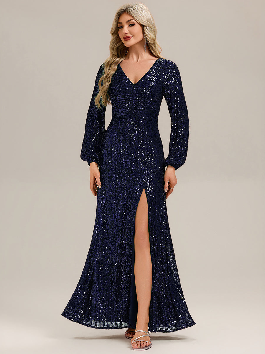 Robe de soirée chic à manches lanternes longues décolleté en V profond en sequins style sirène longueur sol #Couleur_Bleu Marine