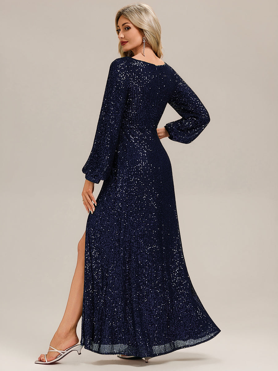 Robe de soirée chic à manches lanternes longues décolleté en V profond en sequins style sirène longueur sol #Couleur_Bleu Marine