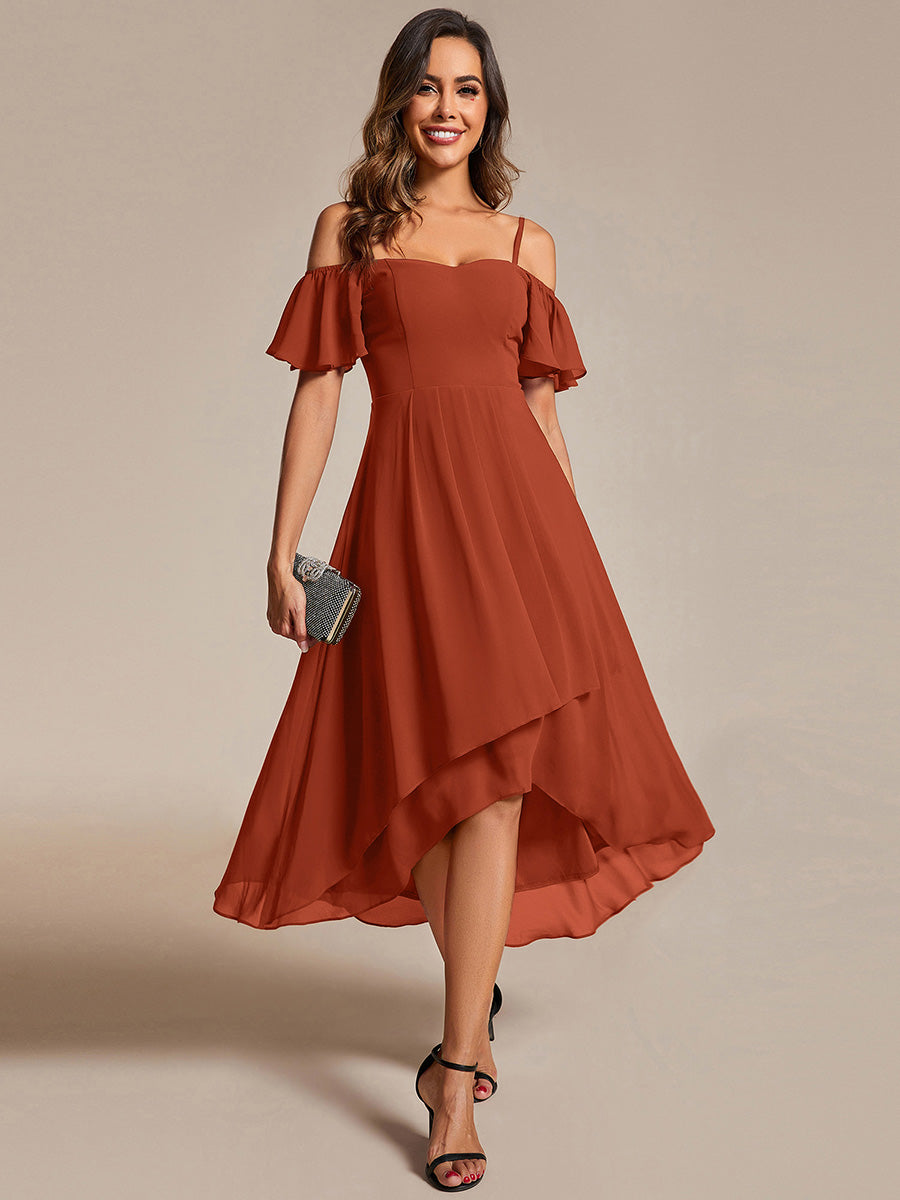 Robes d'invitées de mariage en mousseline épaules dénudées hautes et basses manches courtes #Couleur_Burnt Orange