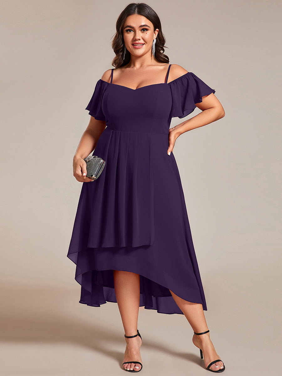 Robes d'invitées de mariage en mousseline épaules dénudées hautes et basses manches courtes #Couleur_Violet Fonce