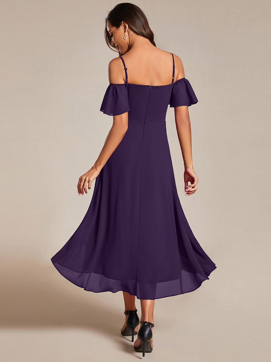 Robes d'invitées de mariage en mousseline épaules dénudées hautes et basses manches courtes #Couleur_Violet Fonce