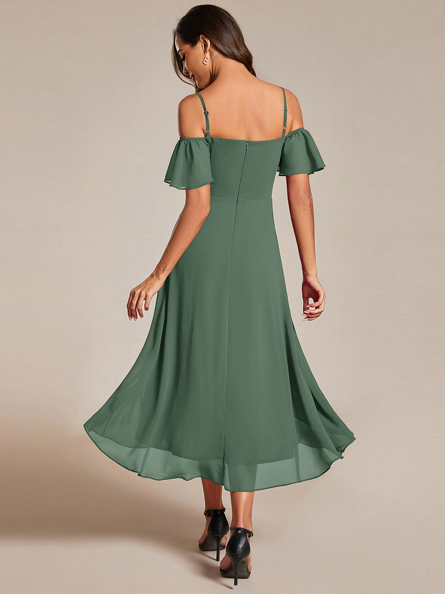 Robes d'invitées de mariage en mousseline épaules dénudées hautes et basses manches courtes #Couleur_Eucalyptus