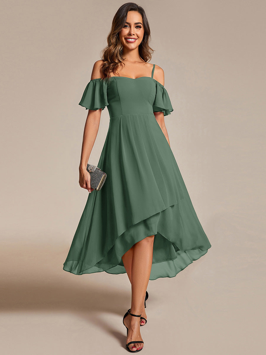 Robes d'invitées de mariage en mousseline épaules dénudées hautes et basses manches courtes #Couleur_Eucalyptus