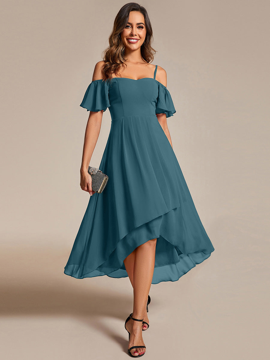 Robes d'invitées de mariage en mousseline épaules dénudées hautes et basses manches courtes #Couleur_Bleu Sarcelle