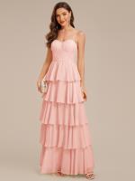 Robe d'invitée de mariage sans manches en mousseline à volants #Couleur_Rose