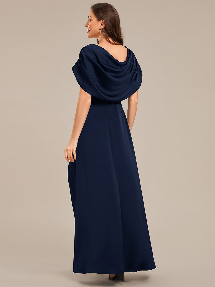 Robe d'invité de mariage trapèze en mousseline fluide à encolure ronde et longueur au genou #Couleur_Bleu Marine