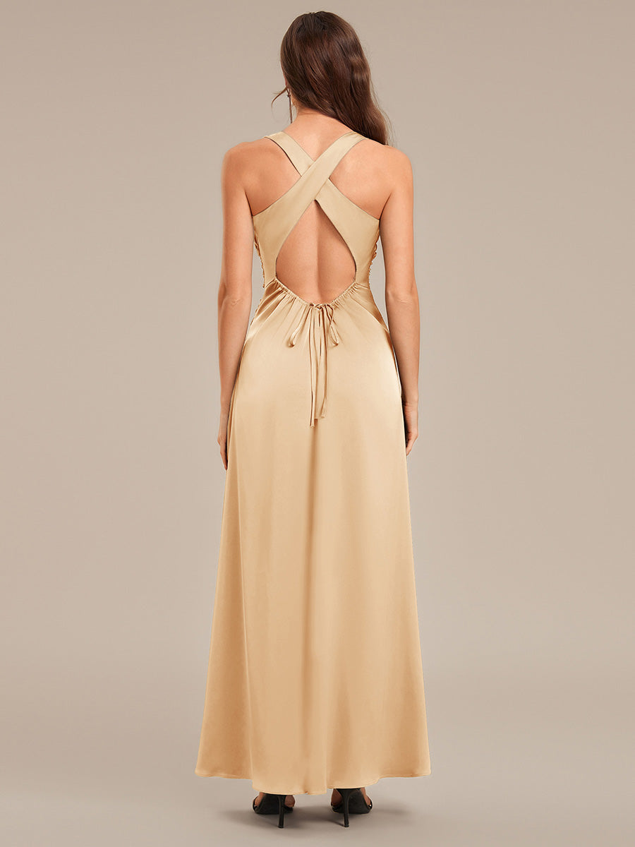 Robe de demoiselle d'honneur dos nu en satin sans manches #Couleur_Charbon