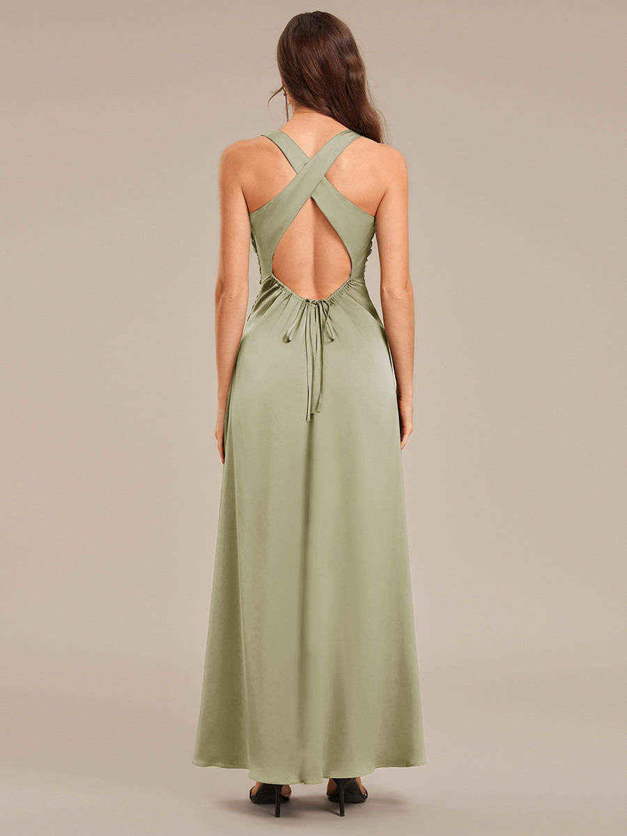 Robe de demoiselle d'honneur dos nu en satin sans manches #Couleur_Vert sauge